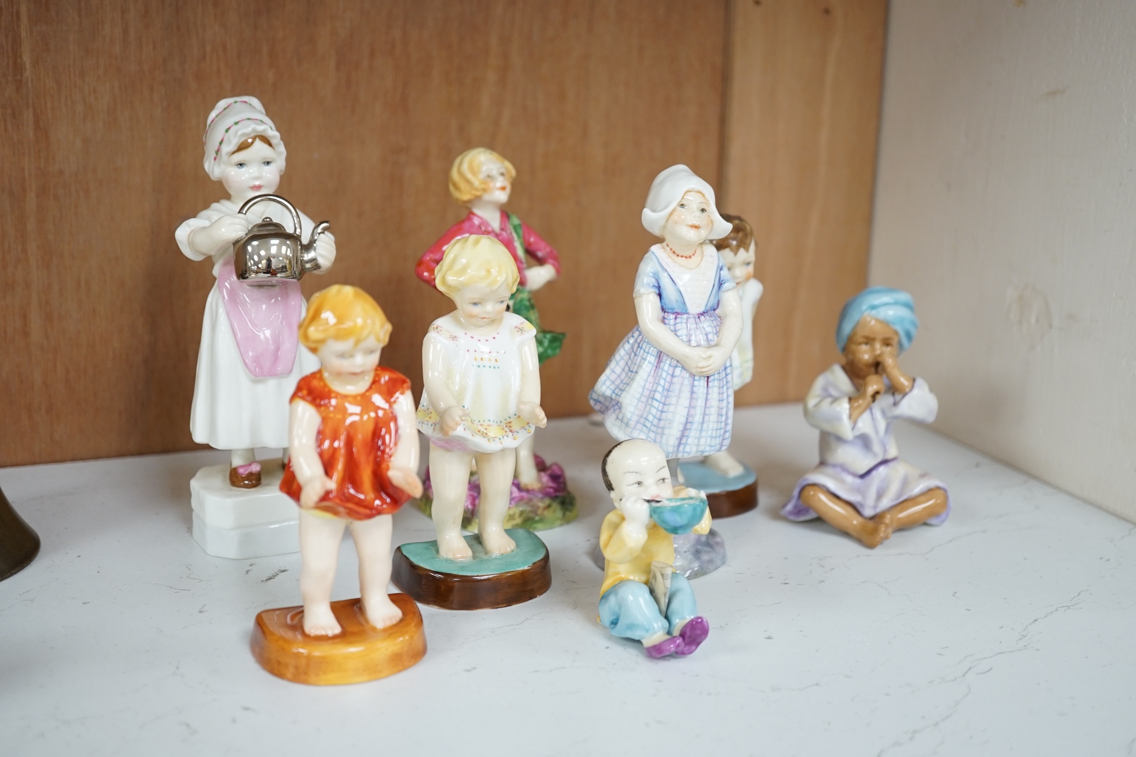Royal Worcester Doughty figures, Nations included, tallest 'Polly put the kettle on', 15cm high. Condition - fair to good